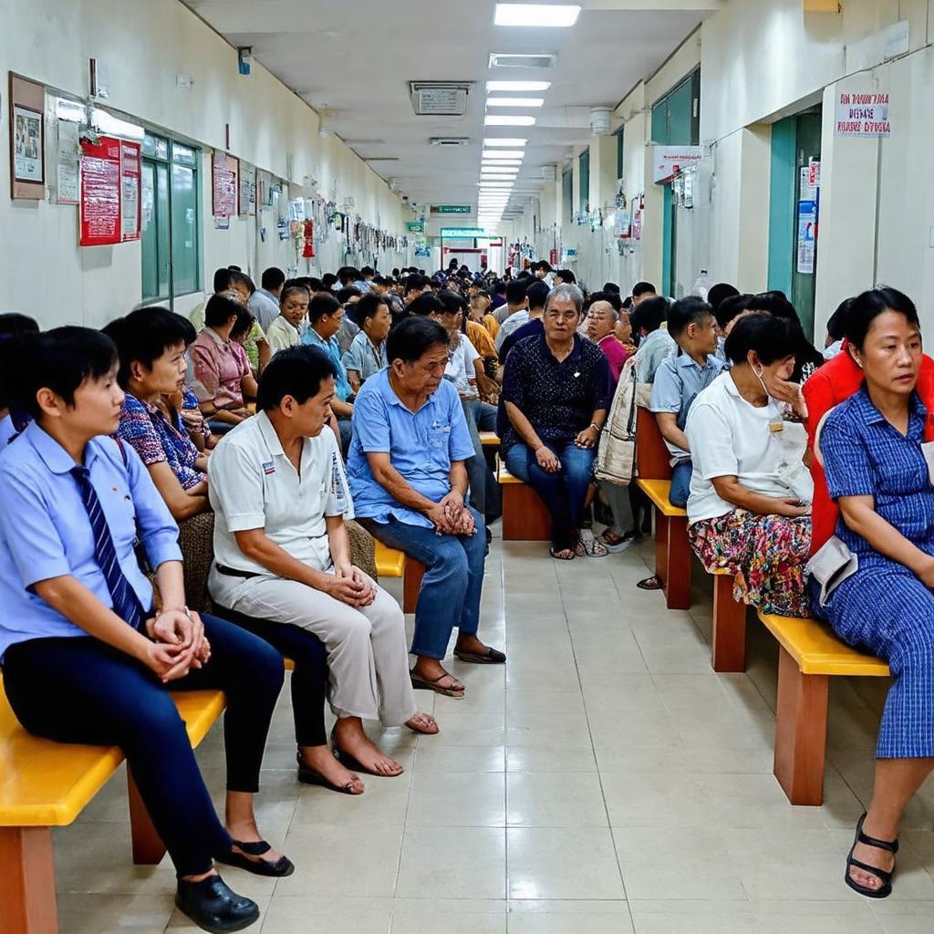 Cảnh đông đúc bệnh nhân và người nhà chờ khám tại bệnh viện công.