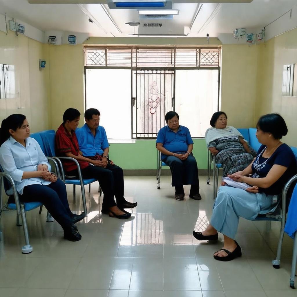 Cảnh bệnh nhân và người nhà chờ đợi làm thủ tục hoặc khám bệnh tại khu vực tiếp đón/phòng chờ của Bệnh viện Quận 2 Lê Văn Thịnh.