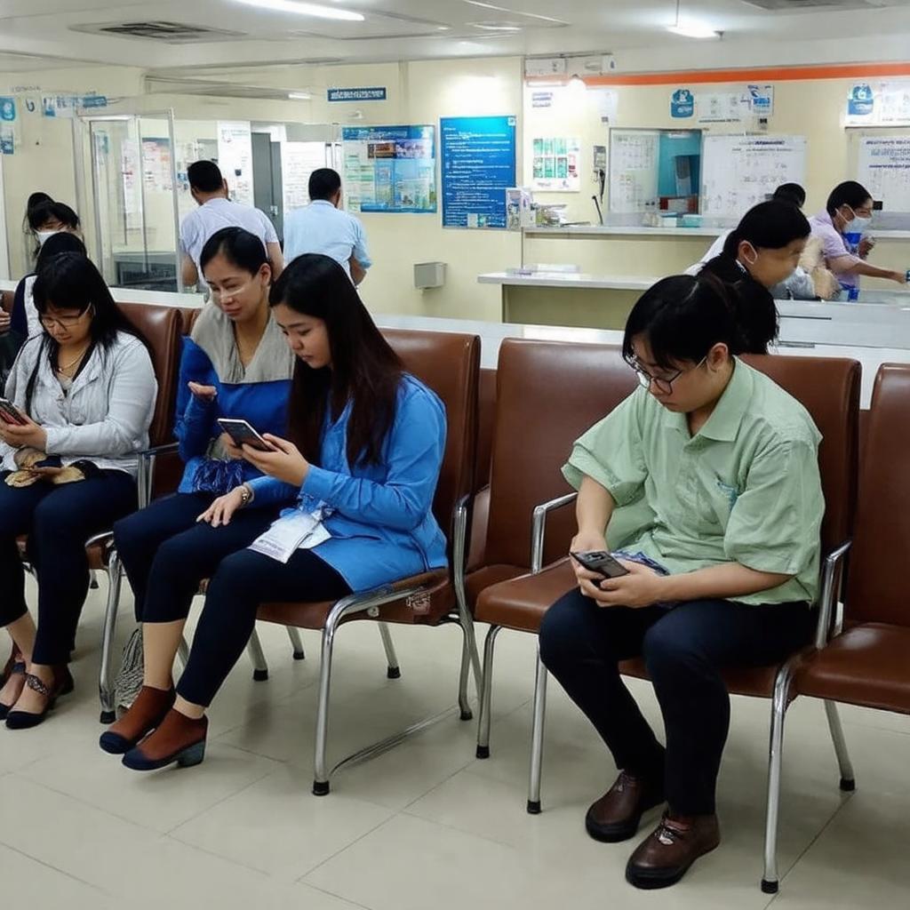 Cảnh bệnh nhân đang chờ đợi hoặc làm thủ tục tại khu vực tiếp đón của bệnh viện công