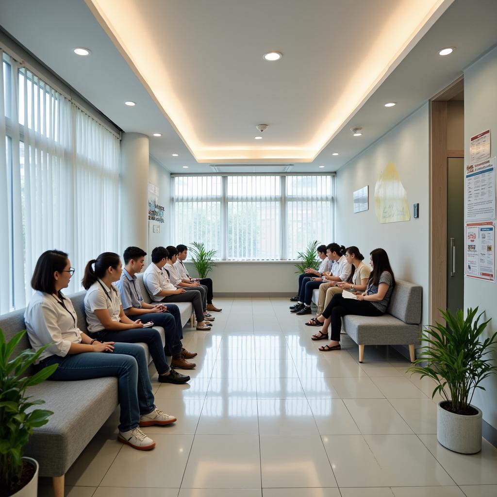 Hình ảnh hoạt động bên trong Phòng khám Đa khoa Xóm Mới tại 334 Phạm Văn Chiêu, cảnh bệnh nhân đang chờ khám trong khu vực tiếp tân hoặc phòng chờ