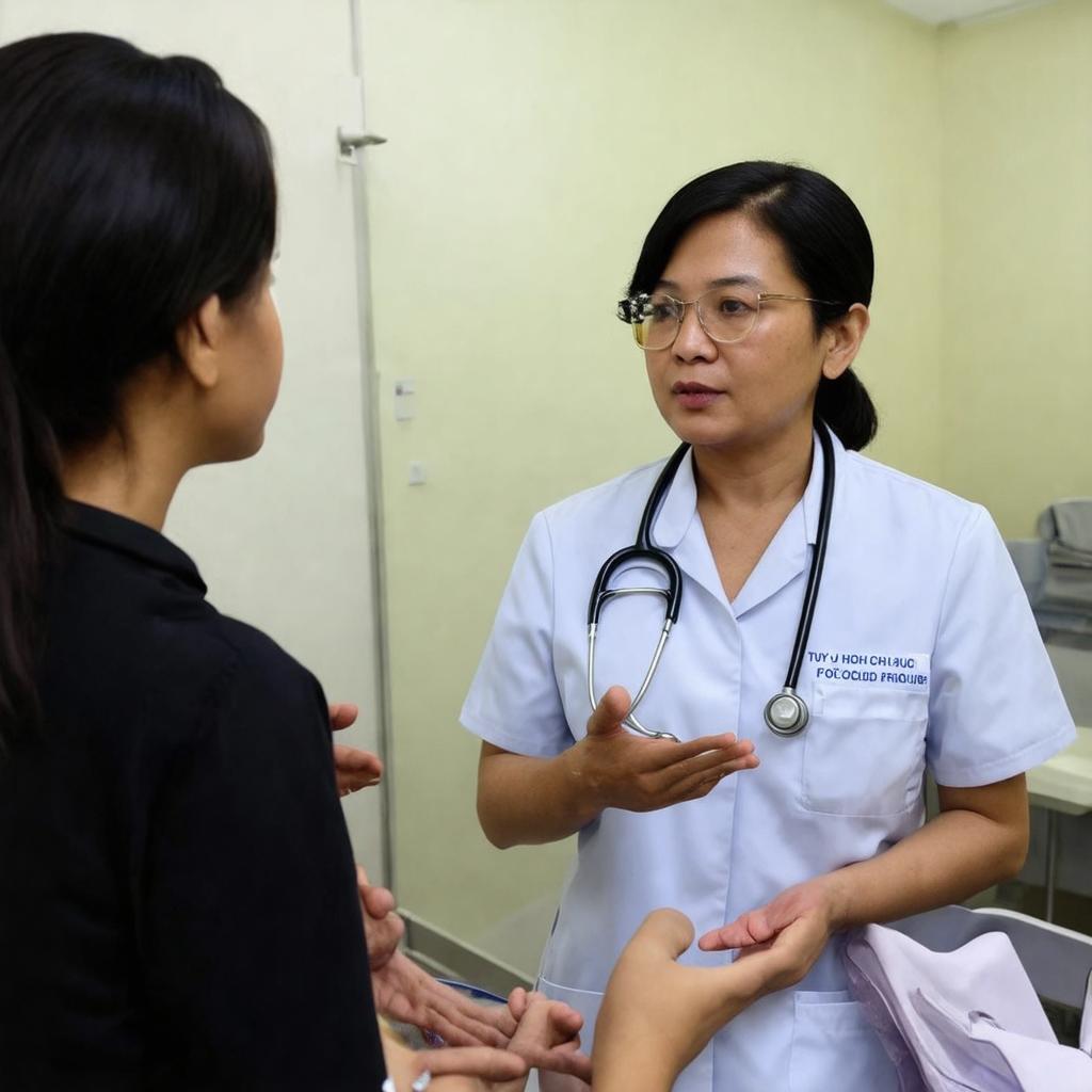 Bệnh nhân nhận tư vấn về chăm sóc sức khỏe đôi mắt từ nhân viên y tế tại bệnh viện
