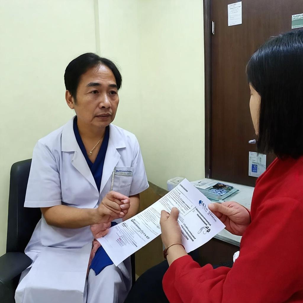 Mot nguoi benh dang duoc tu van boi bac si ve cach cham soc suc khoe tai nha sau khi kham tai phong kham noi tong hop o Tan Binh