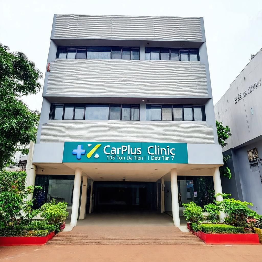 Hình ảnh mặt ngoài của Phòng Khám CarePlus tại địa chỉ 105 Tôn Dật Tiên, Quận 7, thể hiện kiến trúc hiện đại và biển hiệu dễ nhận biết