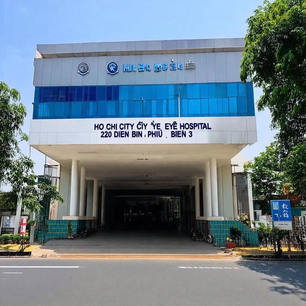 Mặt tiền chính Bệnh viện Mắt TP.HCM tại địa chỉ 280 Điện Biên Phủ, quận 3 với bảng hiệu rõ ràng