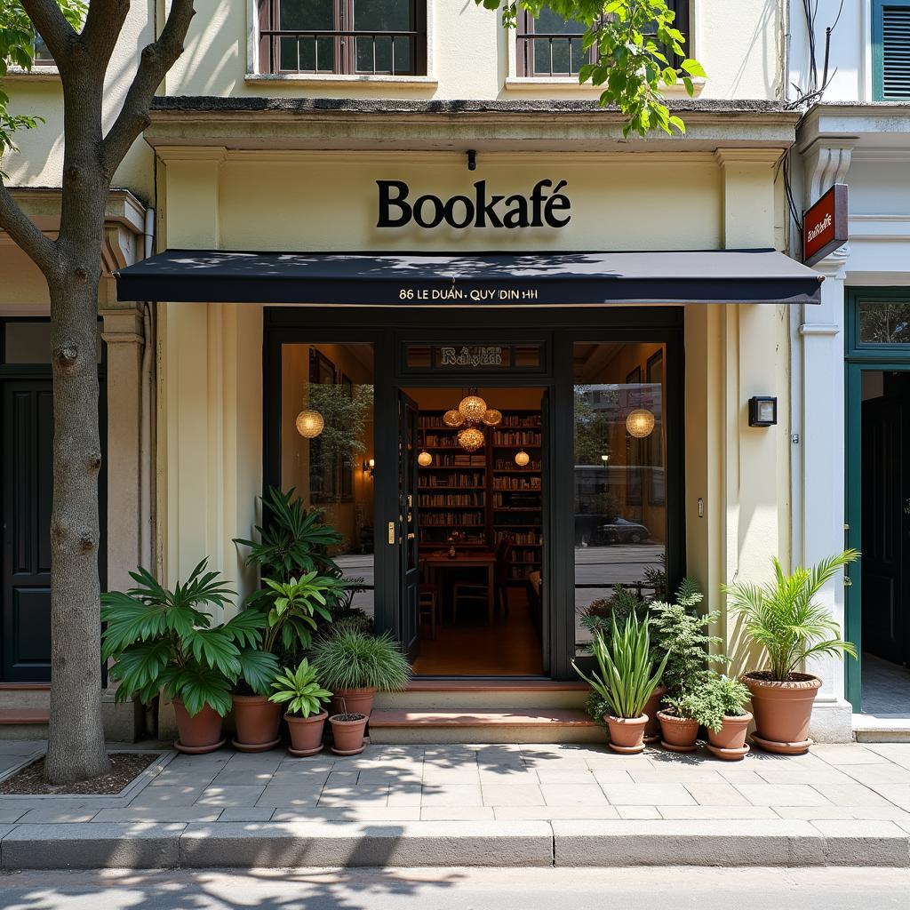 Khung cảnh bên ngoài Bookafe 86 Lê Duẩn, TP Quy Nhơn, Bình Định, thể hiện nét kiến trúc đặc trưng của quán cà phê sách yên tĩnh
