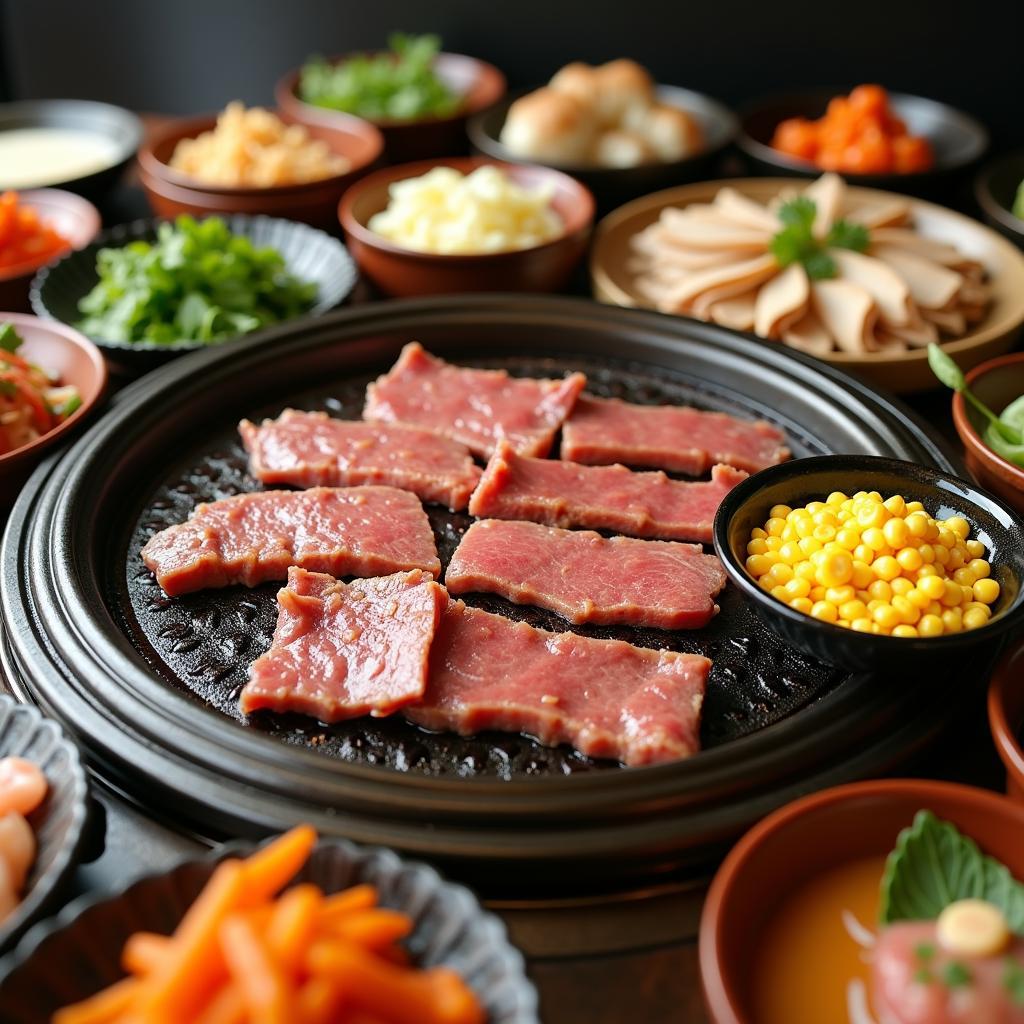 Thịt nướng, ngô phô mai và panchan đa dạng trên bàn buffet Doncook 130 Trung Hòa