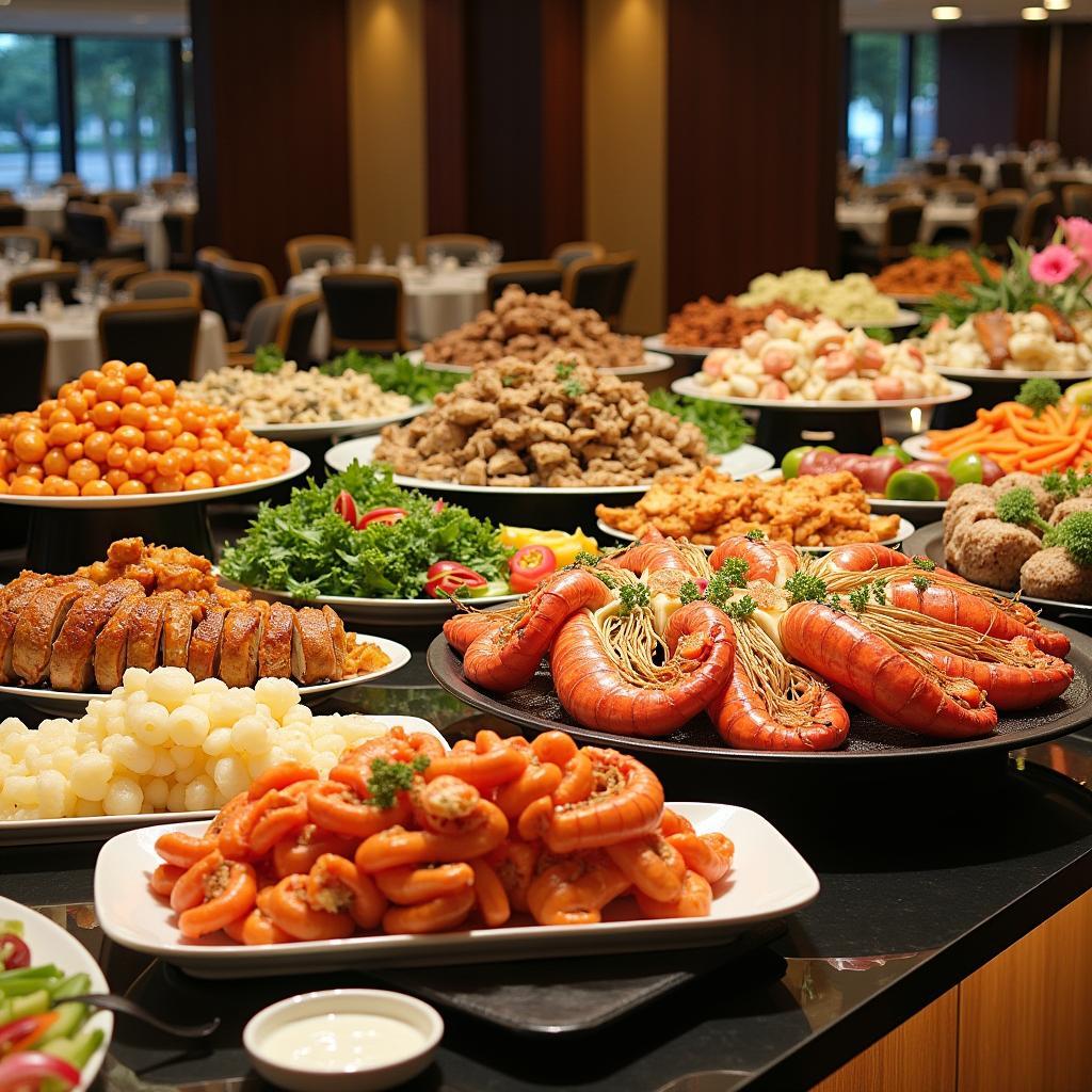 Bàn tiệc buffet đa dạng tại Sen Tây Hồ với nhiều món hải sản tươi ngon và đồ nướng hấp dẫn