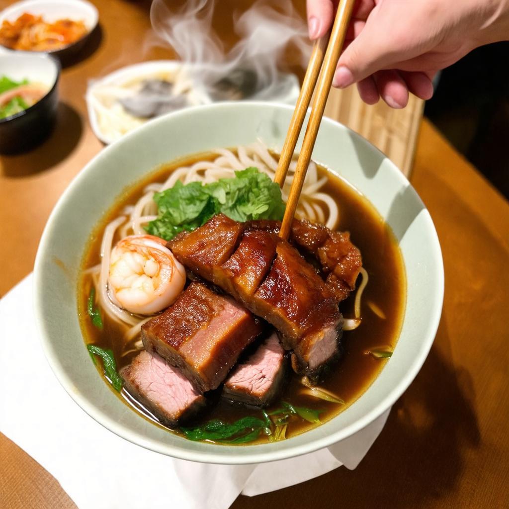 Cận cảnh tô bún mắm Cô Ba với nước lèo sóng sánh và miếng thịt heo quay da giòn.
