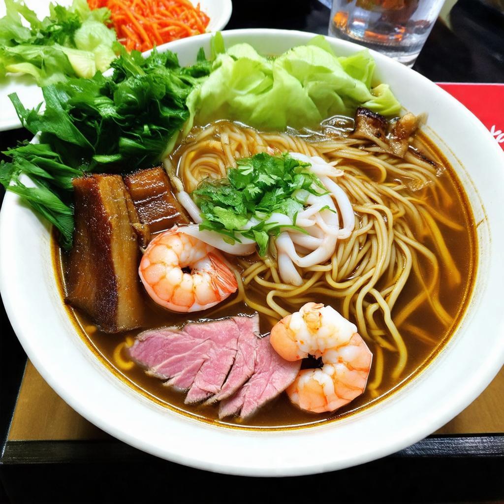 Tô bún mắm Cô Ba đầy đặn với tôm, mực, thịt heo quay giòn bì và rau ghém tươi xanh.