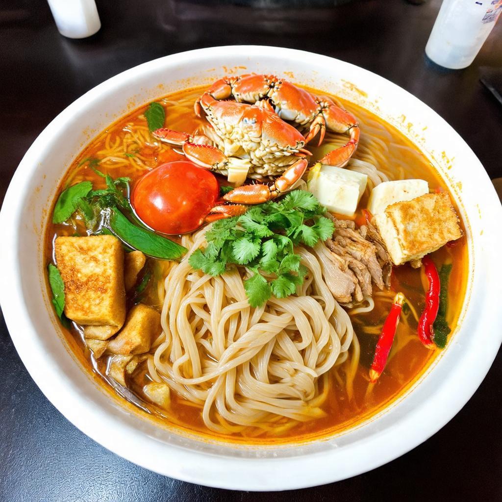 Một tô bún riêu cua đầy đặn với riêu cua, đậu rán, và cà chua tại Bún Riêu 41 hoặc 49 Quang Trung, Hoàn Kiếm