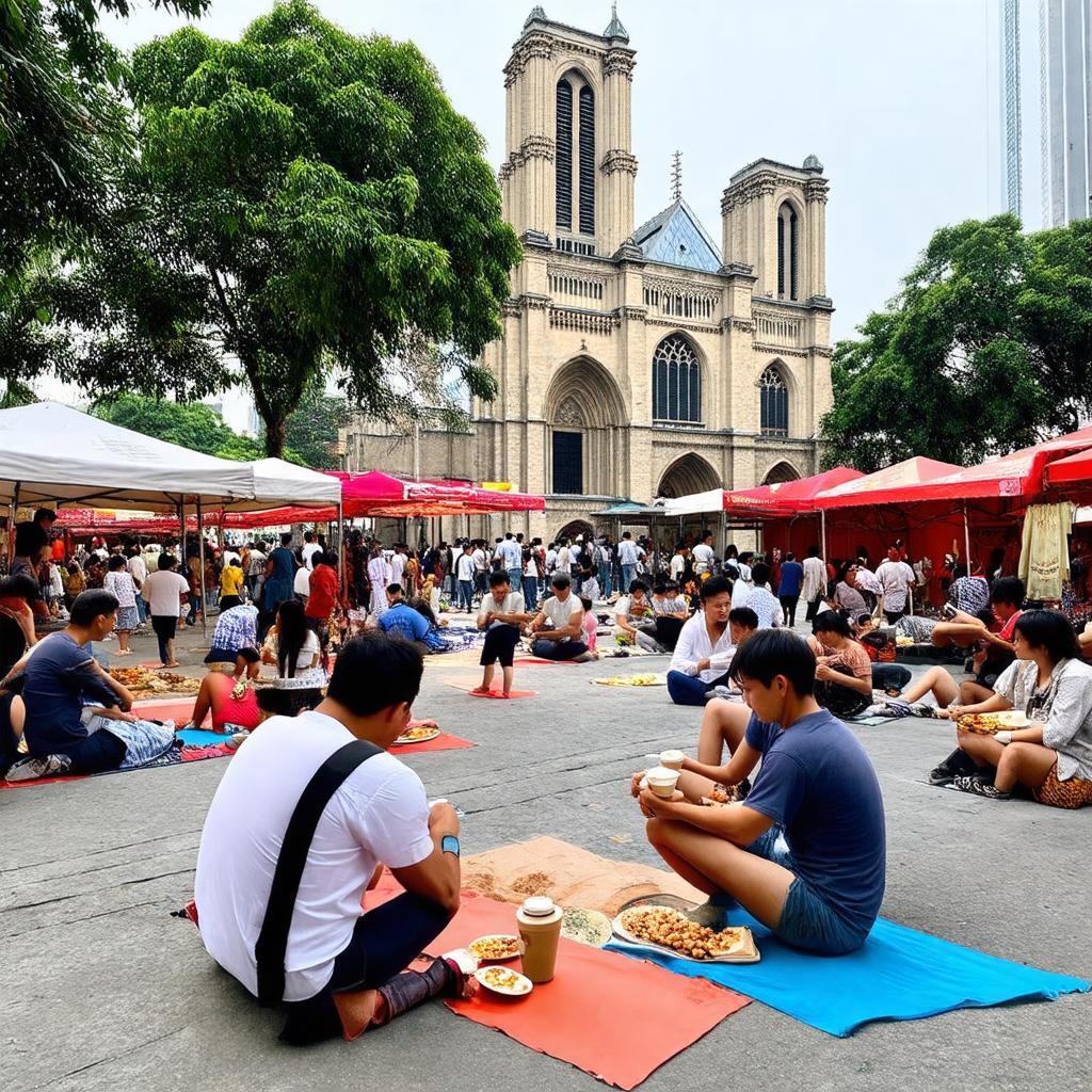 Khung cảnh nhộn nhịp tại Cà phê Bệt Nhà Thờ Đức Bà, Công xã Paris với Nhà Thờ ở phía sau.