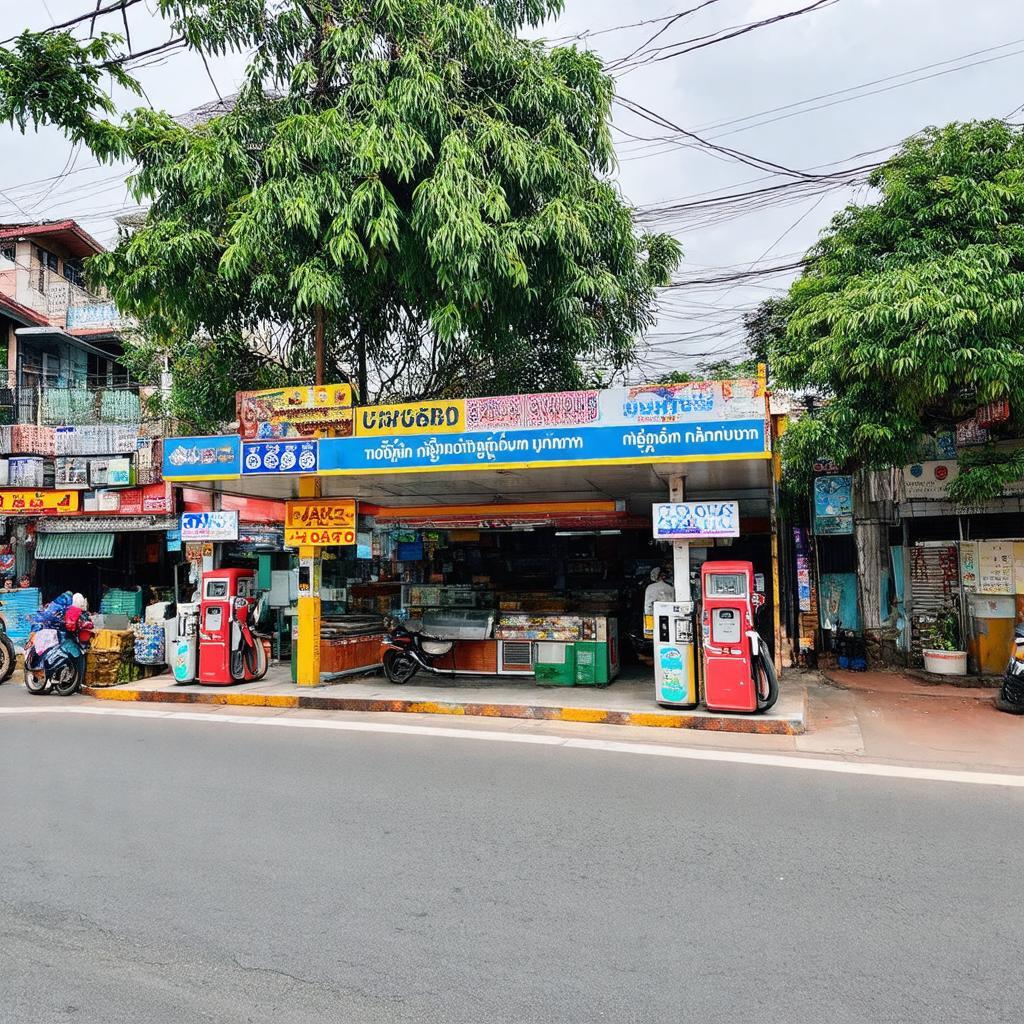 Các dịch vụ tiện ích như cây xăng và quán ăn phục vụ người đi đường xung quanh khu vực Ngã ba Ninh Hòa, Khánh Hòa