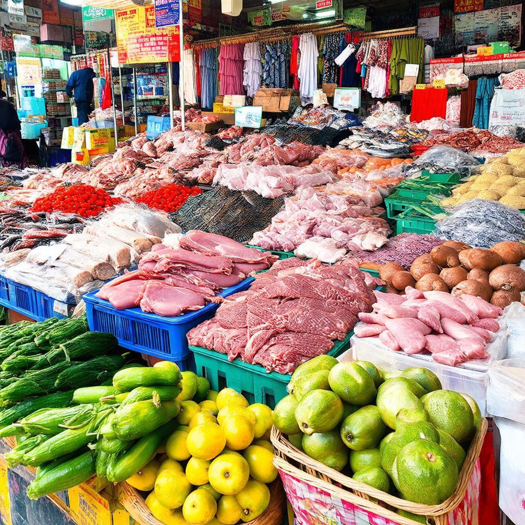 Sự đa dạng của các mặt hàng bày bán tại Chợ Vĩnh Lộc, từ thực phẩm đến đồ dùng gia đình.