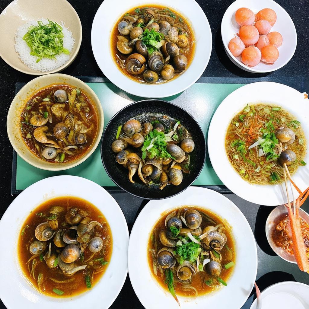 Các món ốc và hải sản hấp dẫn như ốc hương, sò điệp, ốc len tại quán Ốc Bươu Vàng.