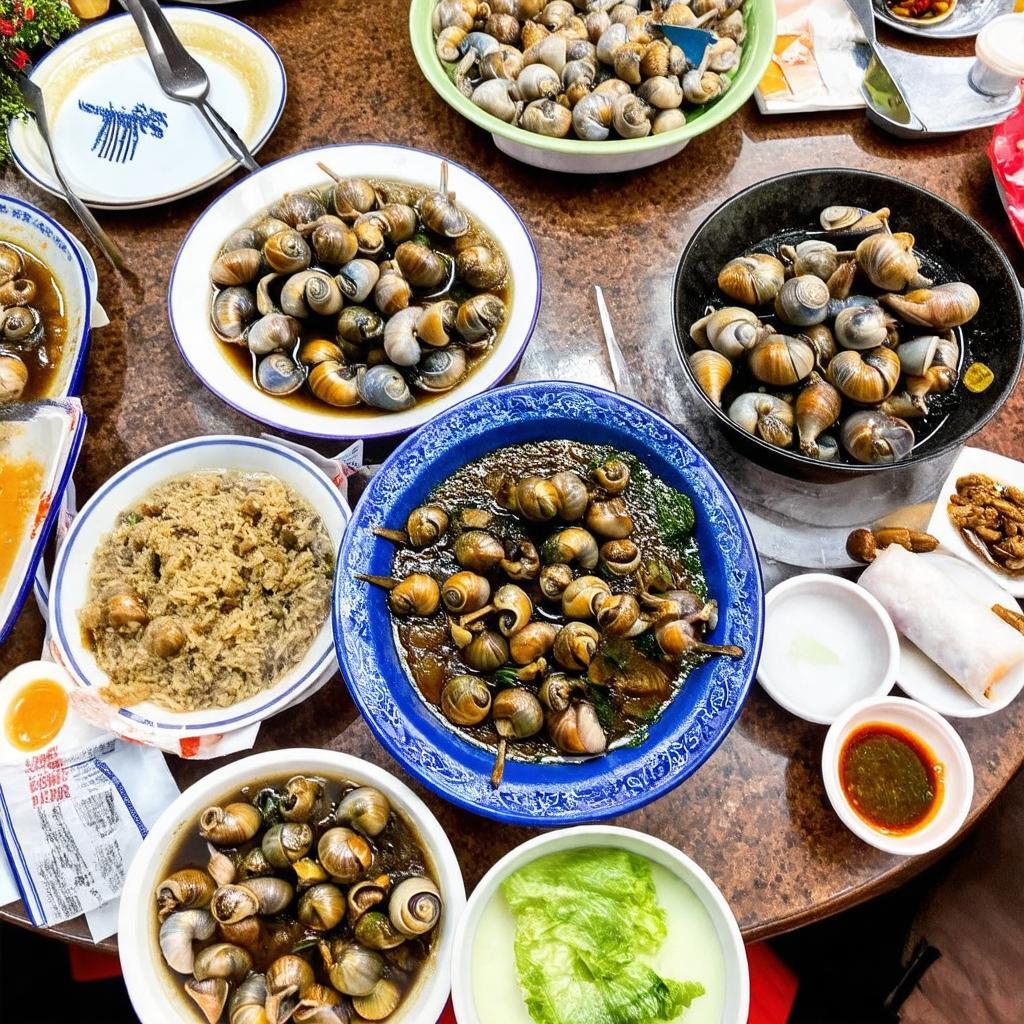Bàn đầy ắp các món ốc ngon tại quán Ốc Phụng Phính: ốc luộc, ốc xào dừa, nem ốc.