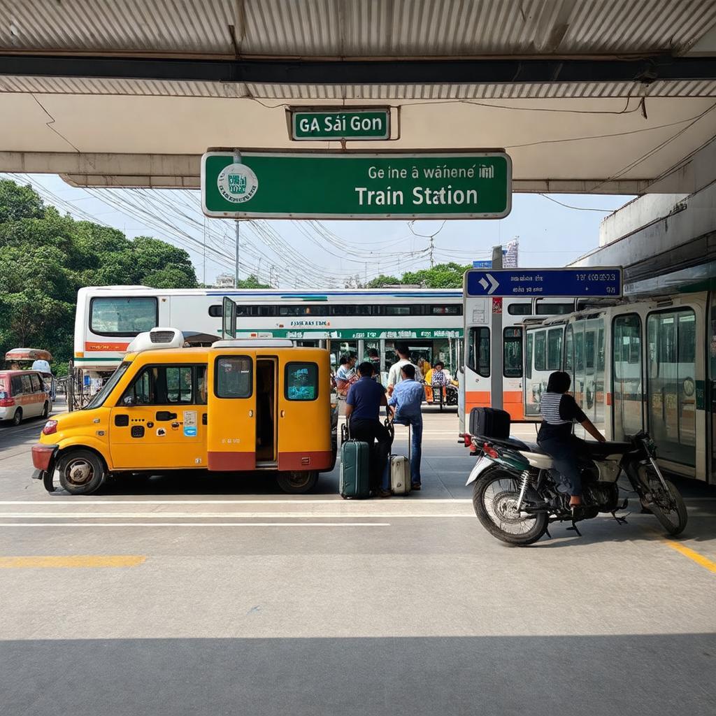 Các phương tiện giao thông (taxi, xe máy, xe buýt) đỗ hoặc di chuyển gần lối vào Ga Sài Gòn.