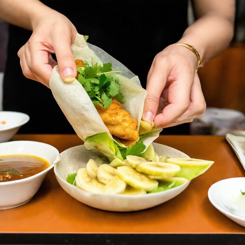Minh họa cách cuốn bánh xèo, nem lụi cùng rau sống và chấm vào nước chấm đặc trưng.