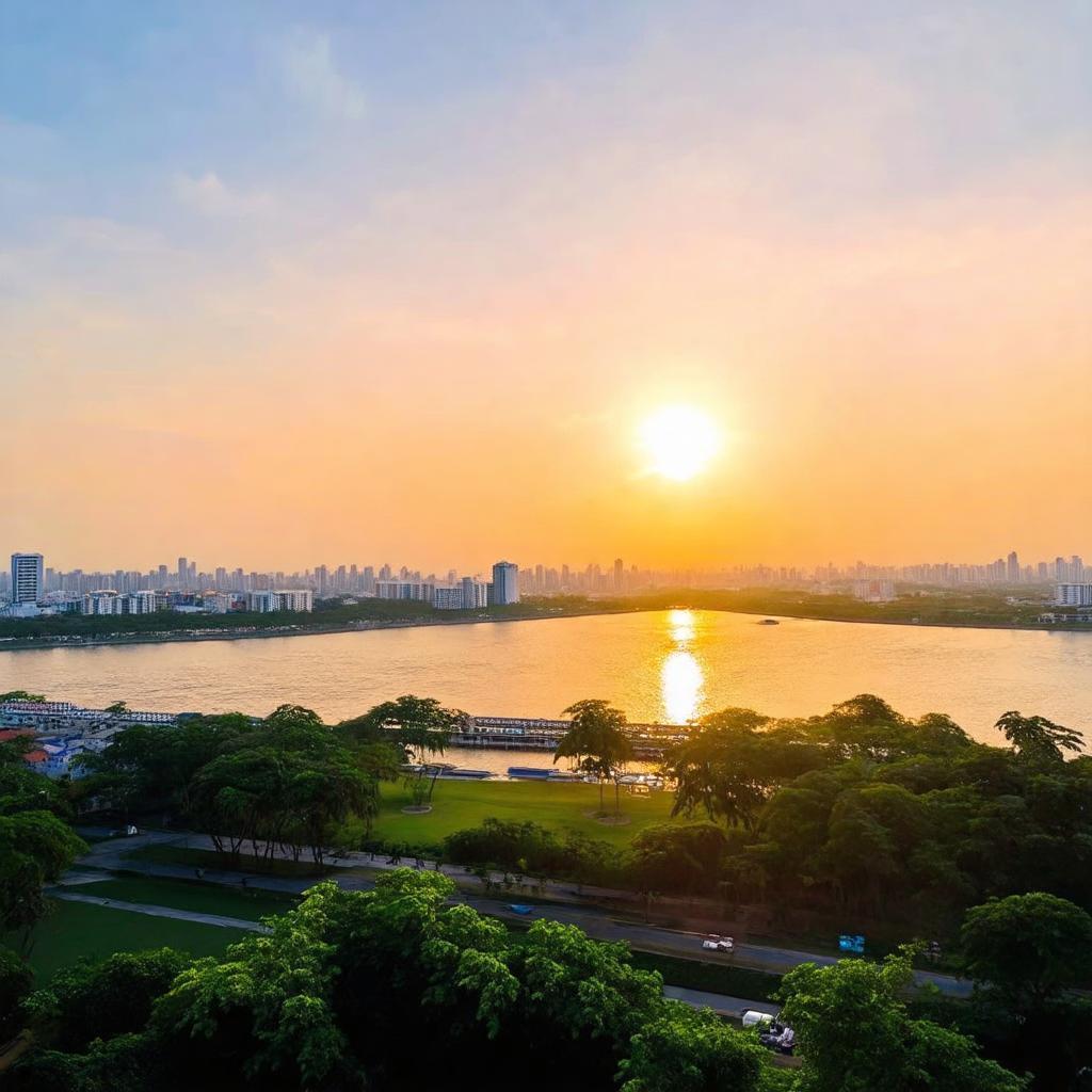 Cảnh hoàng hôn tuyệt đẹp nhìn từ Công viên Bờ sông Panorama bên dòng sông Sài Gòn
