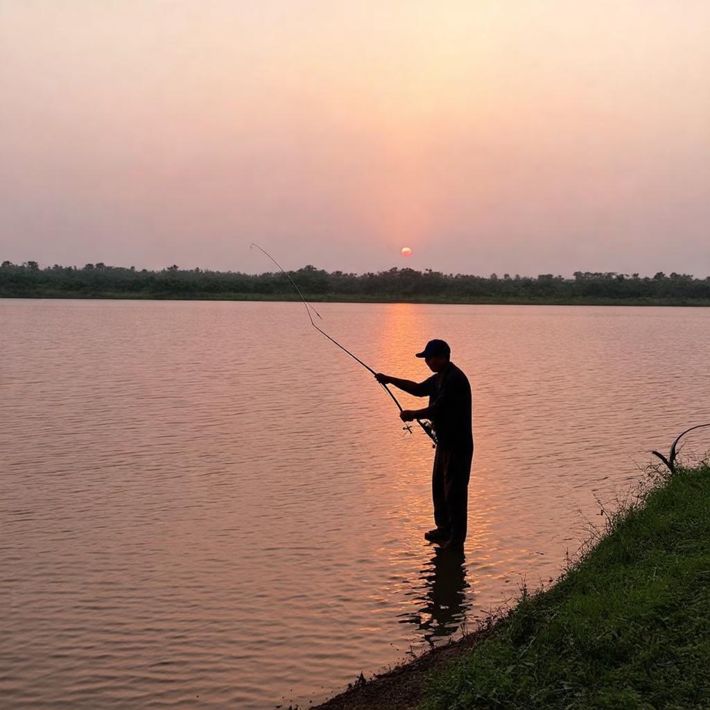 Cần thủ đang câu cá bên bờ Hồ câu Vực Hoàng, xã Tân Trào, huyện Thanh Miện vào một buổi chiều tà