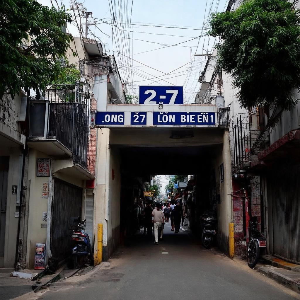 Cảnh quan miệng ngõ 27 Long Biên 1 tại phường Ngọc Lâm, Hà Nội, với biển số rõ ràng