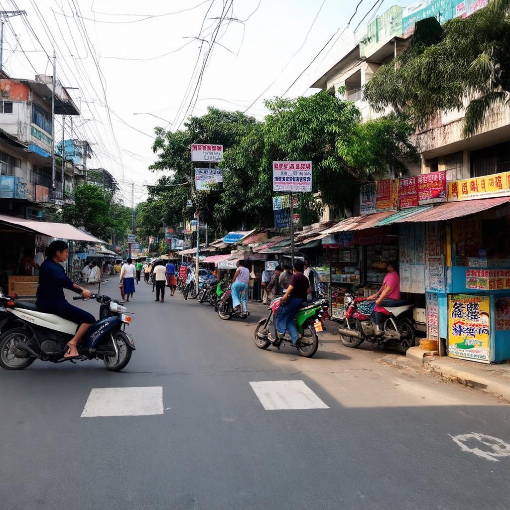 Quang cảnh xung quanh Ngã tư Nước Đá với các cửa hàng nhỏ, quán ăn, và hoạt động mua bán tấp nập