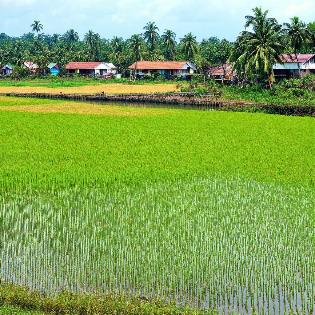 Canh quan nong thon mien Tay xung quanh Cau Tra On My Hoa, voi dong lua, vuon cay
