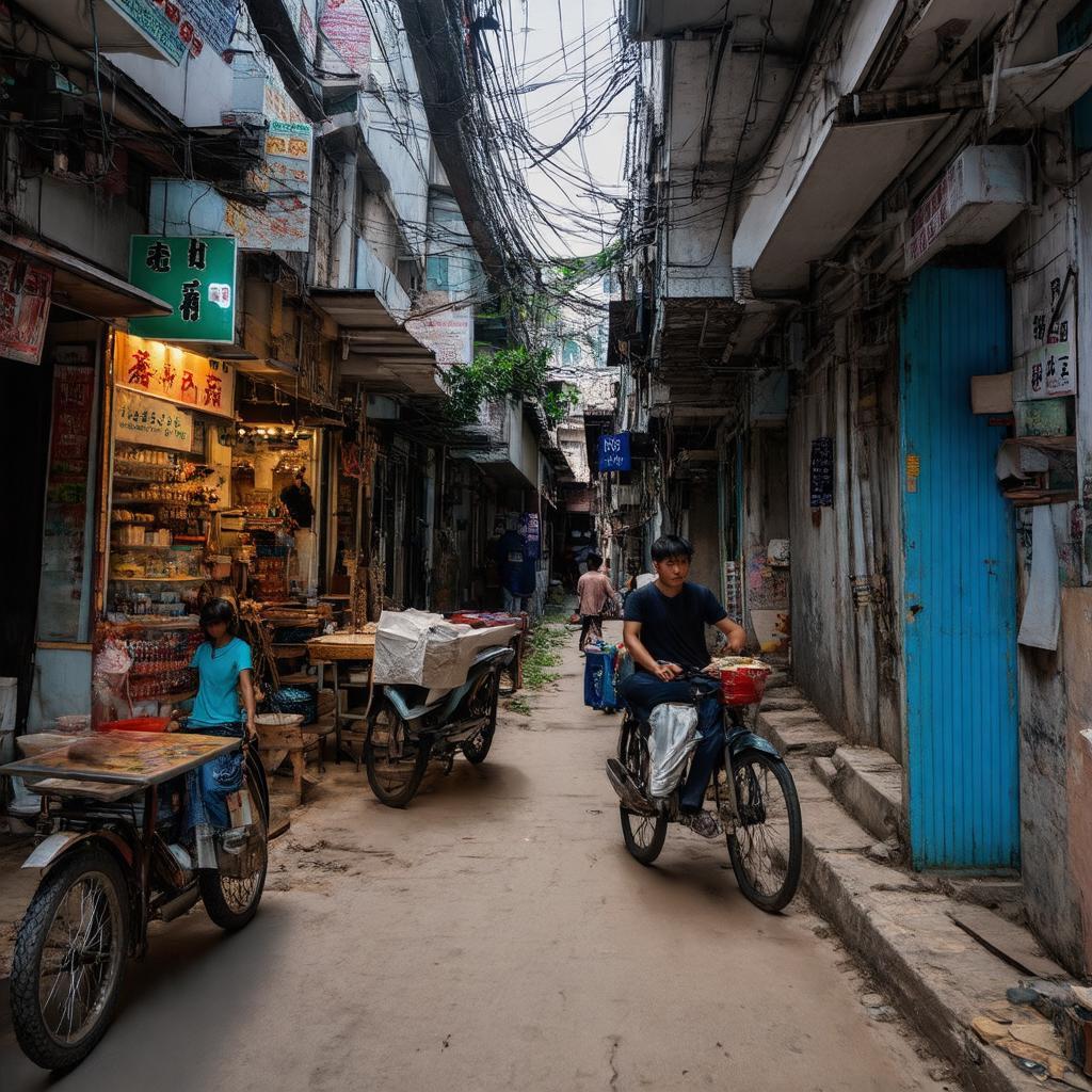 Khung cảnh bên trong ngõ 612 Đê La Thành thể hiện không gian sinh hoạt kinh doanh
