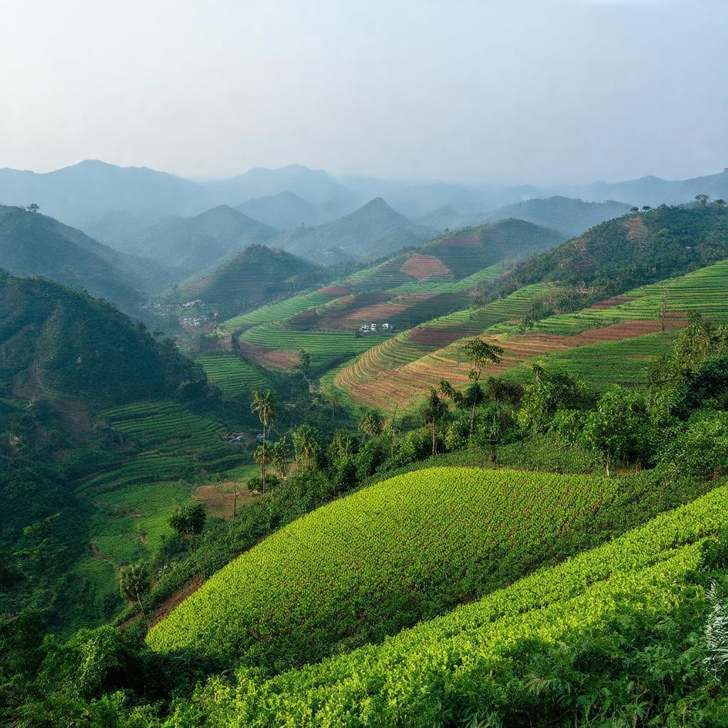 Tầm nhìn từ Đèo Tân Thanh xuống thung lũng và nương rẫy ẩn hiện trong sương sớm