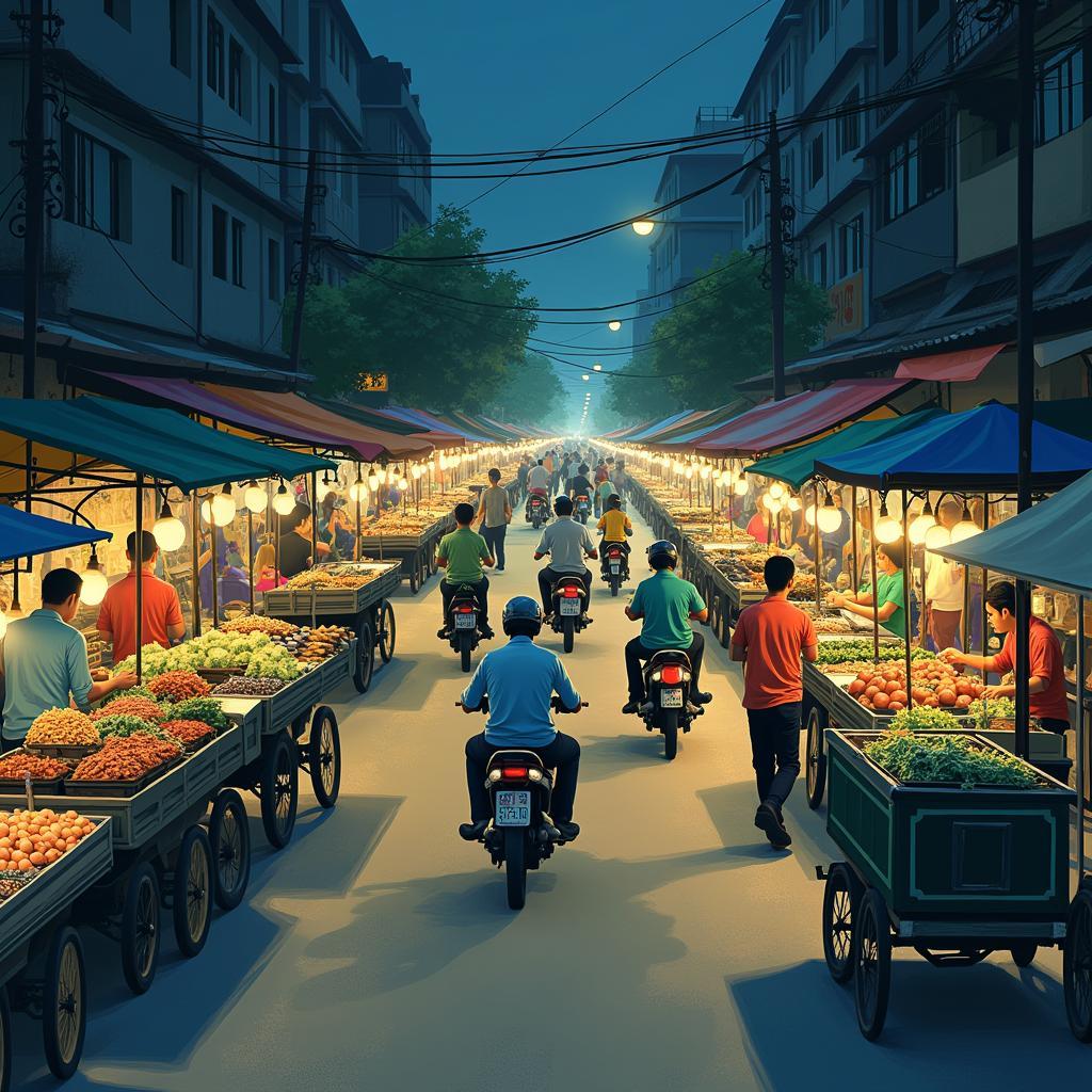 Khung cảnh tấp nập, xe cộ, người mua bán tại Chợ Đầu Mối Đền Lừ vào ban đêm