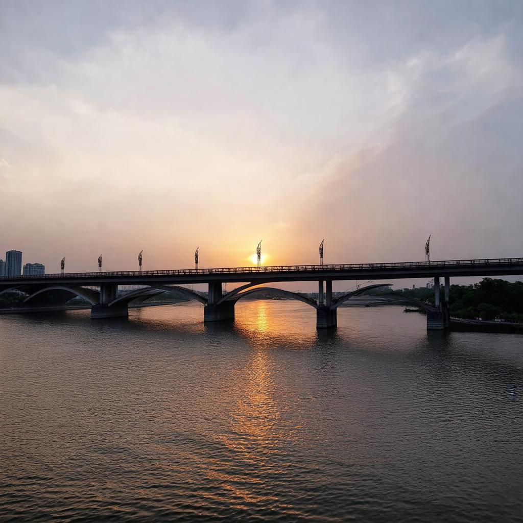 Cầu An Dương Hải Phòng lúc hoàng hôn, mặt trời lặn tạo khung cảnh yên bình trên sông Rế