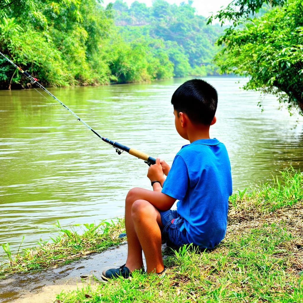 Cậu bé ngồi câu cá bên bờ Sông Kim Bồng gần Cầu Hò
