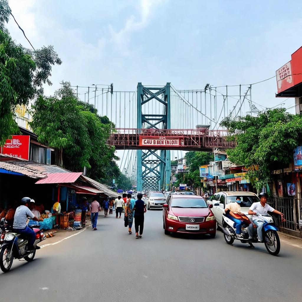 Cầu Bến Lội và khung cảnh khu vực xung quanh tấp nập hoạt động mua bán, giao thông hàng ngày.