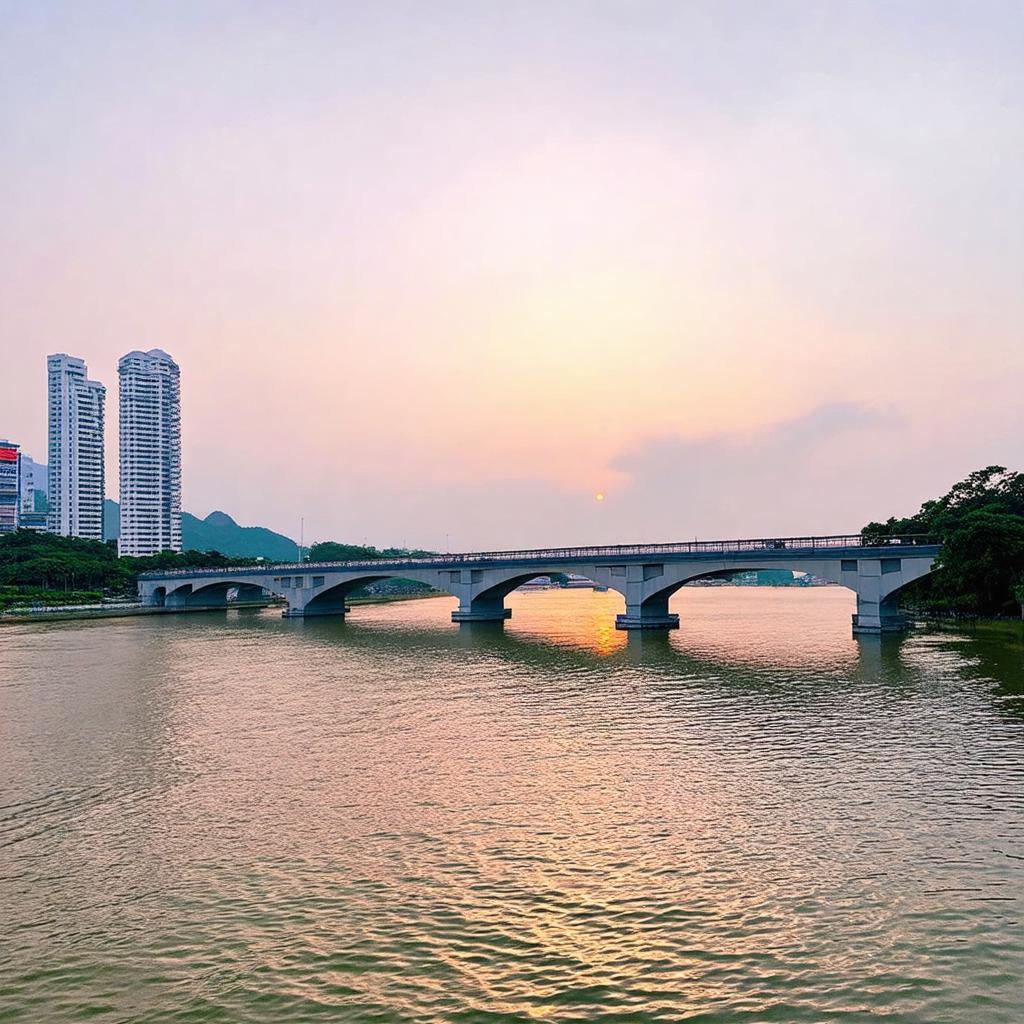 Canh binh minh hoac hoang hon yen binh tren song Cẩm Lệ nhìn từ Cầu Cẩm Lệ.