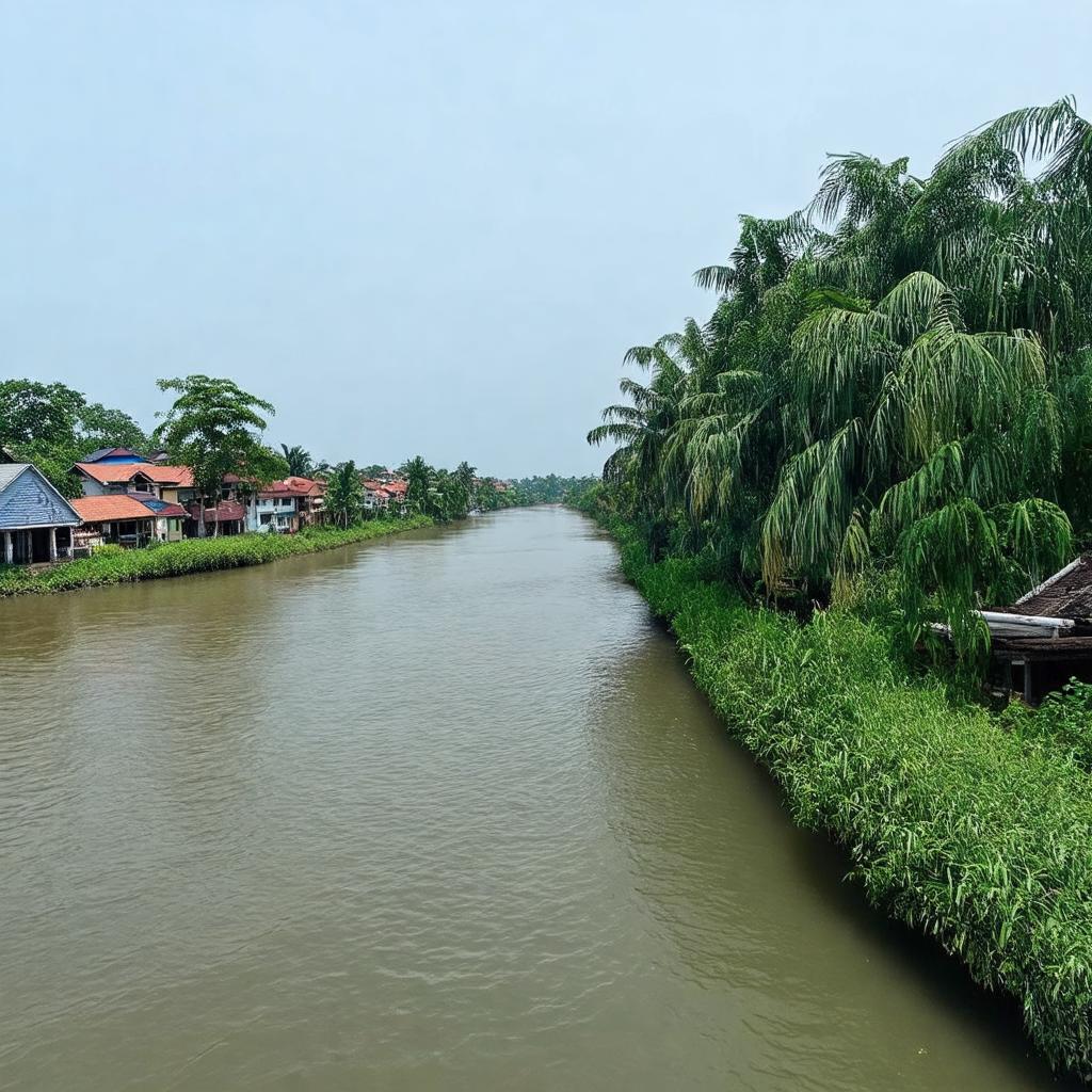 Phong cảnh thơ mộng nhìn từ Cầu Cồn Tiên ở Châu Đốc, An Giang với sông nước và cây xanh đặc trưng miền Tây