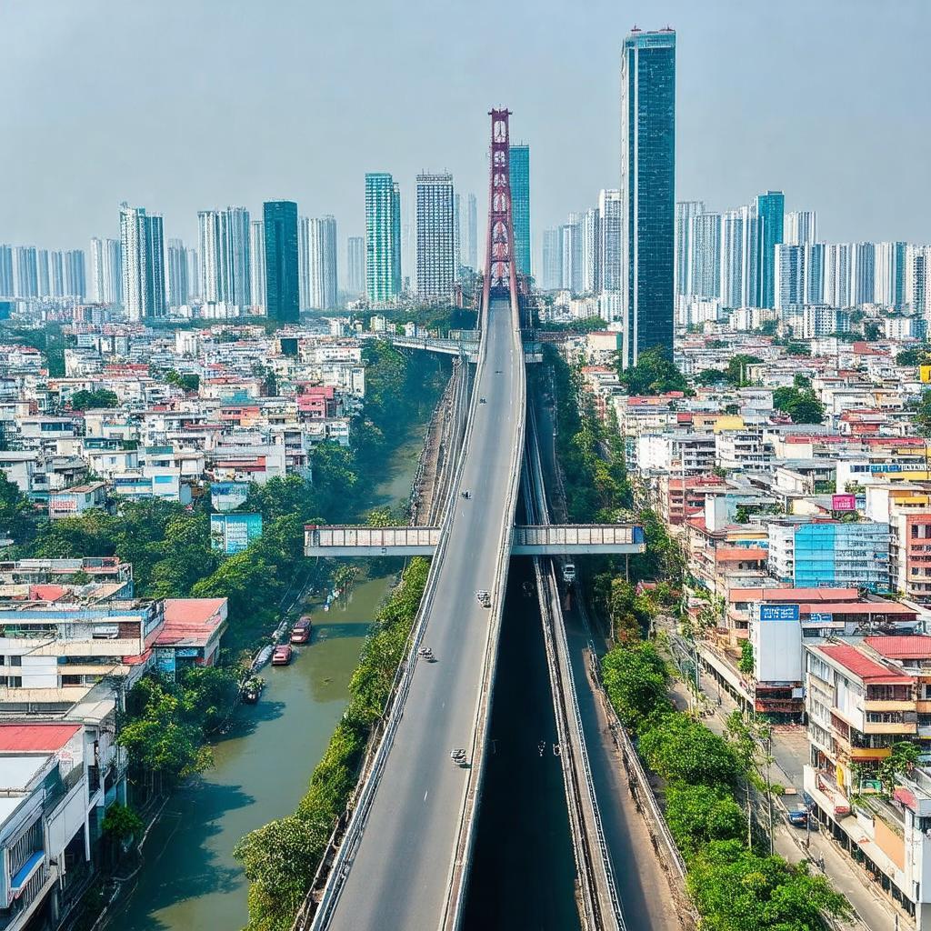 Cầu La Khê nhìn từ xa, bao quanh bởi khu đô thị mới và tòa nhà hiện đại tại Hà Đông.