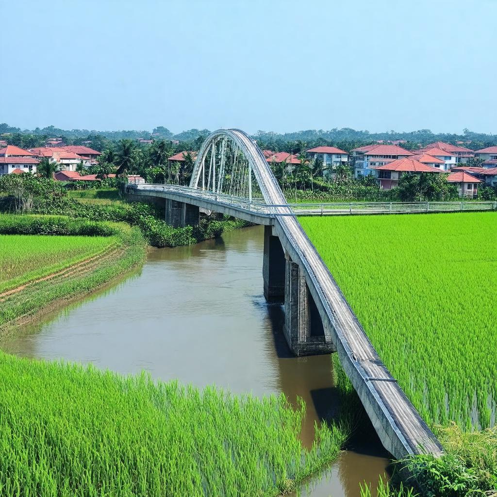 Toàn cảnh Cầu mới nhìn từ xa tại khu vực Vĩnh Khúc, Văn Giang, Hưng Yên với đồng lúa xanh mướt