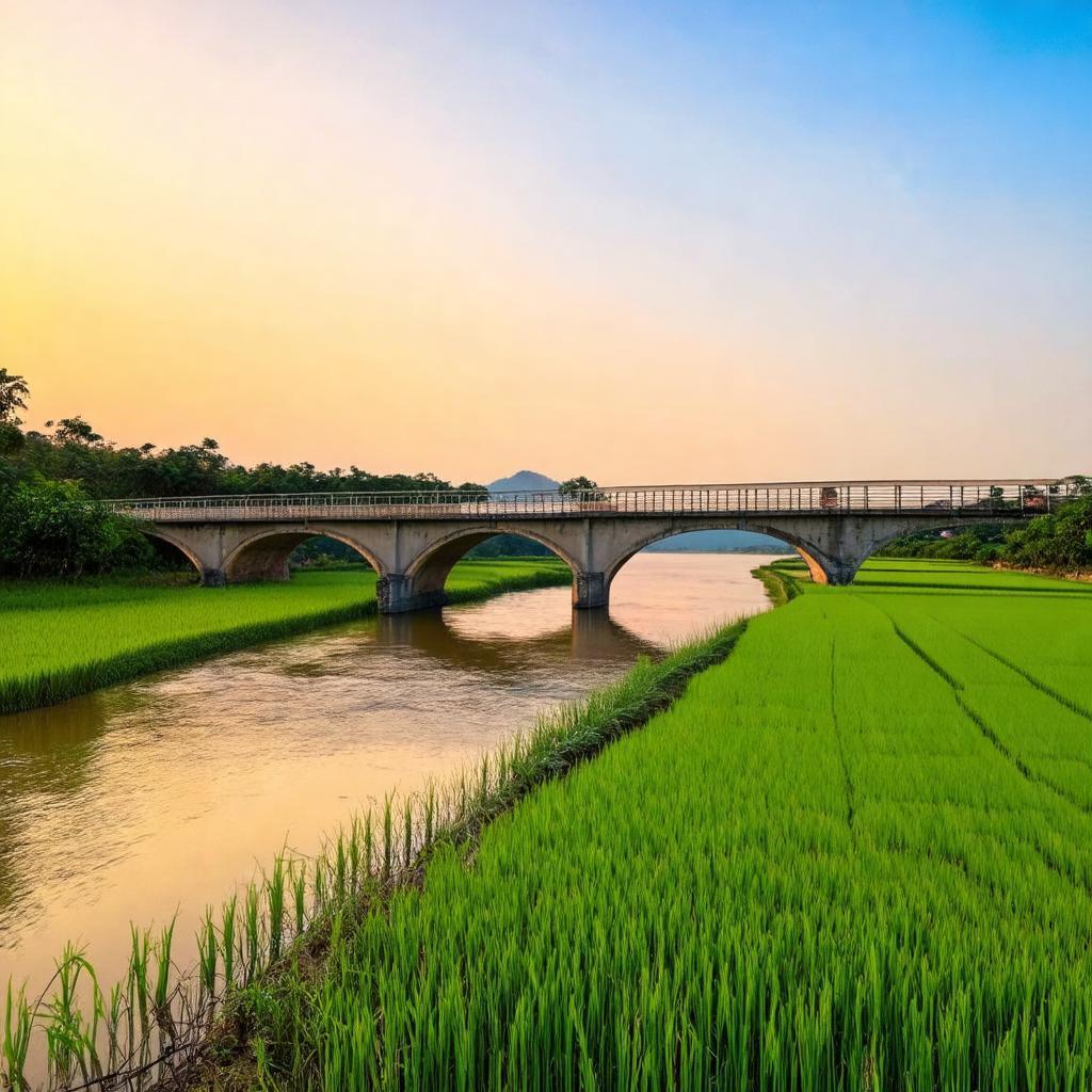Cầu Ông Đô, sông Kôn và cánh đồng lúa xanh mướt tại Tuy Phước, Bình Định lúc hoàng hôn.