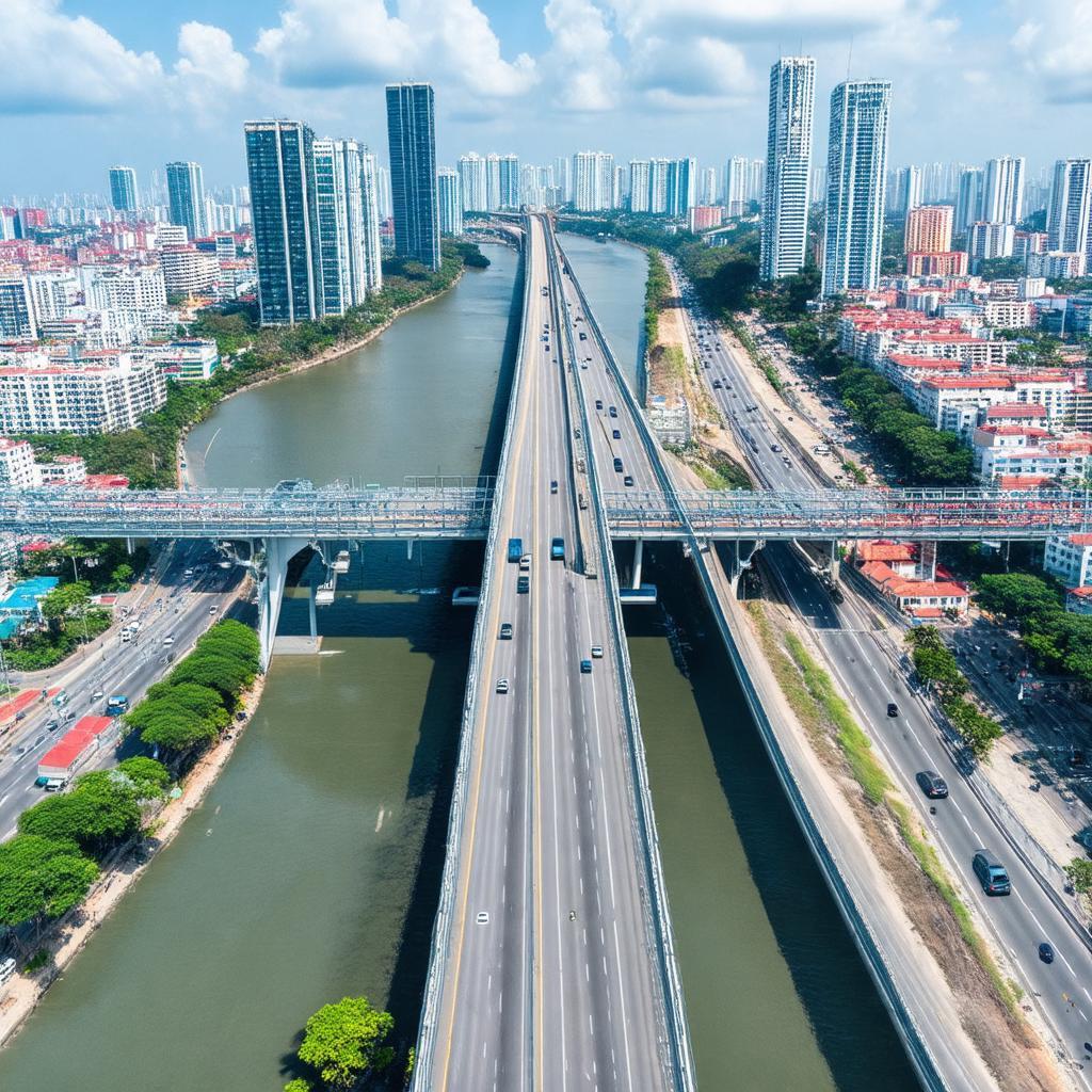 Hình ảnh Cầu Phú Xuân nhìn từ trên cao, kết nối Quận 7 và huyện Nhà Bè, TP.HCM, với xe cộ di chuyển.