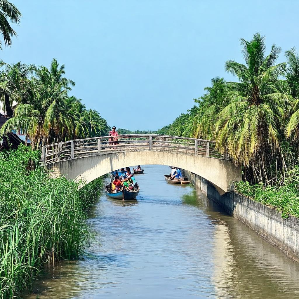 Cầu Rau Dừa bắc qua kênh, cảnh vật sông nước miền Tây bình yên, nhà sàn và ghe xuồng