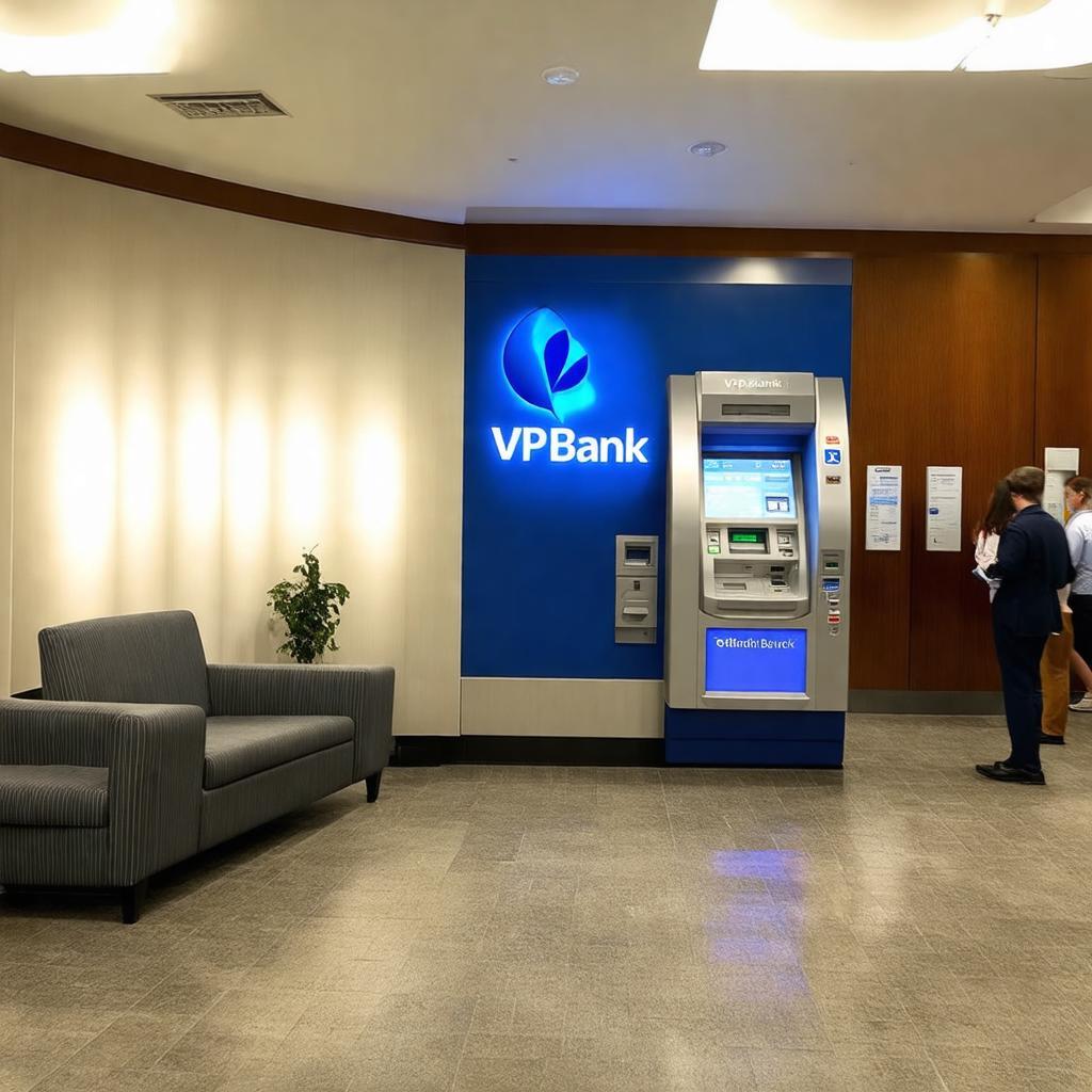 Cây ATM hiện đại và khu vực chờ đợi tiện nghi tại chi nhánh VPBank Thái Hà phục vụ khách hàng 24/7.