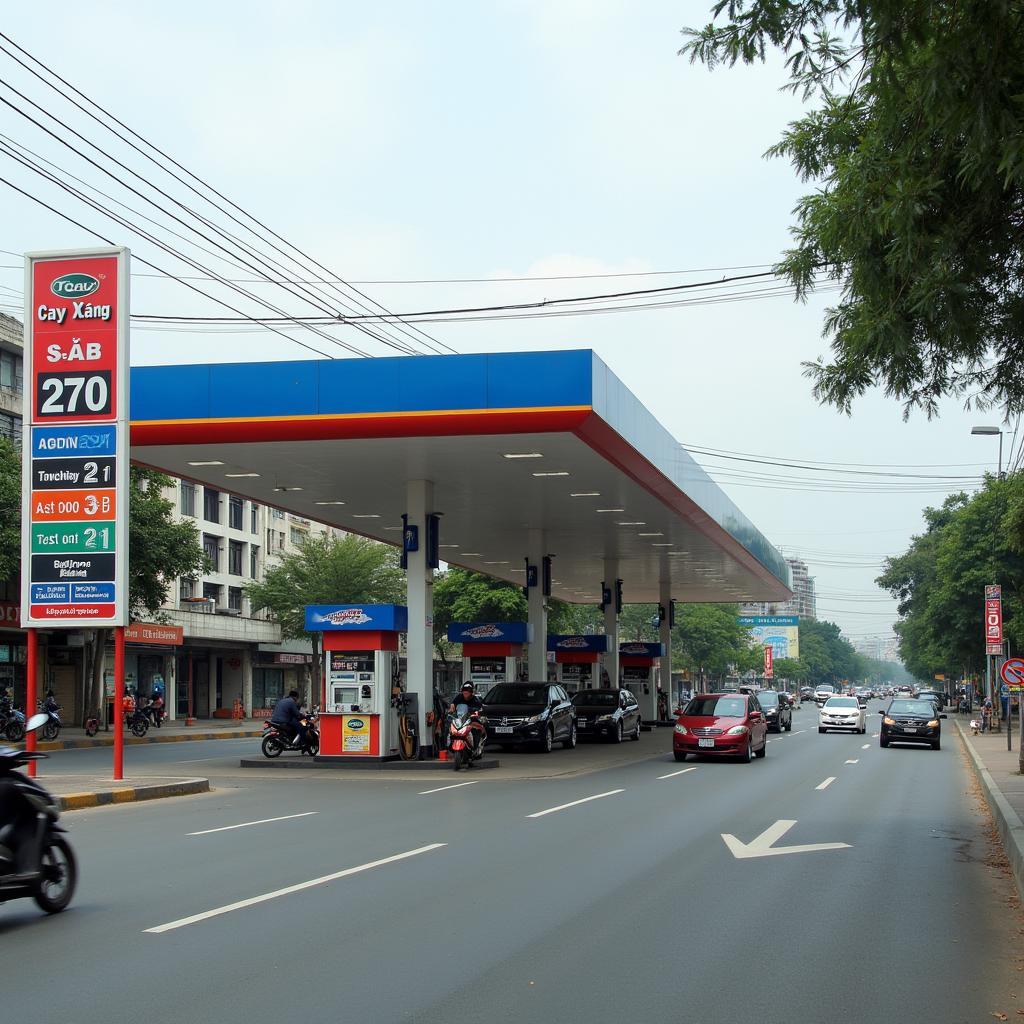 Hình ảnh cây xăng 270-270B Lý Thường Kiệt, Tân Bình, nhận diện từ mặt tiền đường đông đúc xe cộ.
