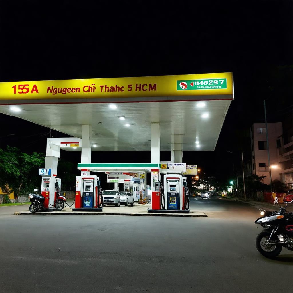 Cảnh cây xăng 155A Nguyễn Chí Thanh sáng đèn vào ban đêm, nhấn mạnh dịch vụ hoạt động 24 giờ mỗi ngày.