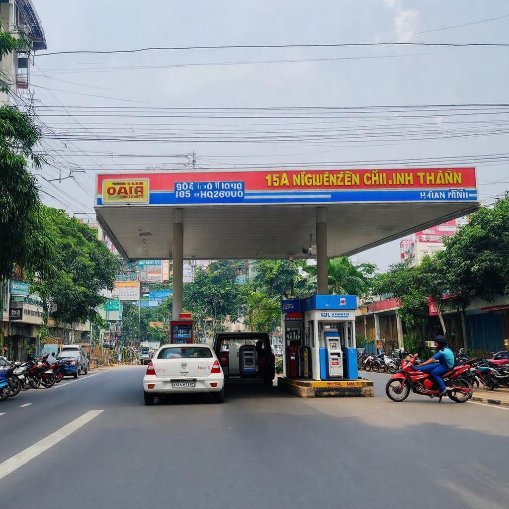 Cây xăng 155A Nguyễn Chí Thanh nhìn từ mặt đường, thể hiện vị trí thuận lợi và dễ tiếp cận.