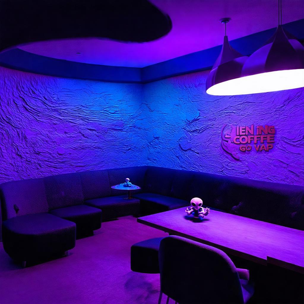 Cận cảnh chi tiết décor tại Alien Coffee Gò Vấp: tường lồi lõm, đồ vật bất đối xứng, mô hình phi thuyền kỳ lạ.