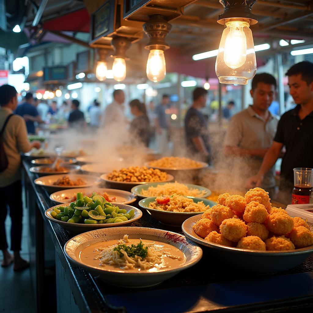 Các món ăn dân dã, đặc sản hấp dẫn như bánh xèo, bún riêu tại khu ẩm thực Chợ An Điền.