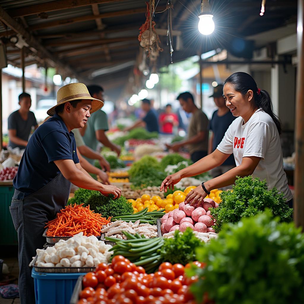 Khung cảnh nhộn nhịp mua bán tại Chợ An Điền với sạp hàng tươi ngon, người dân thân thiện.