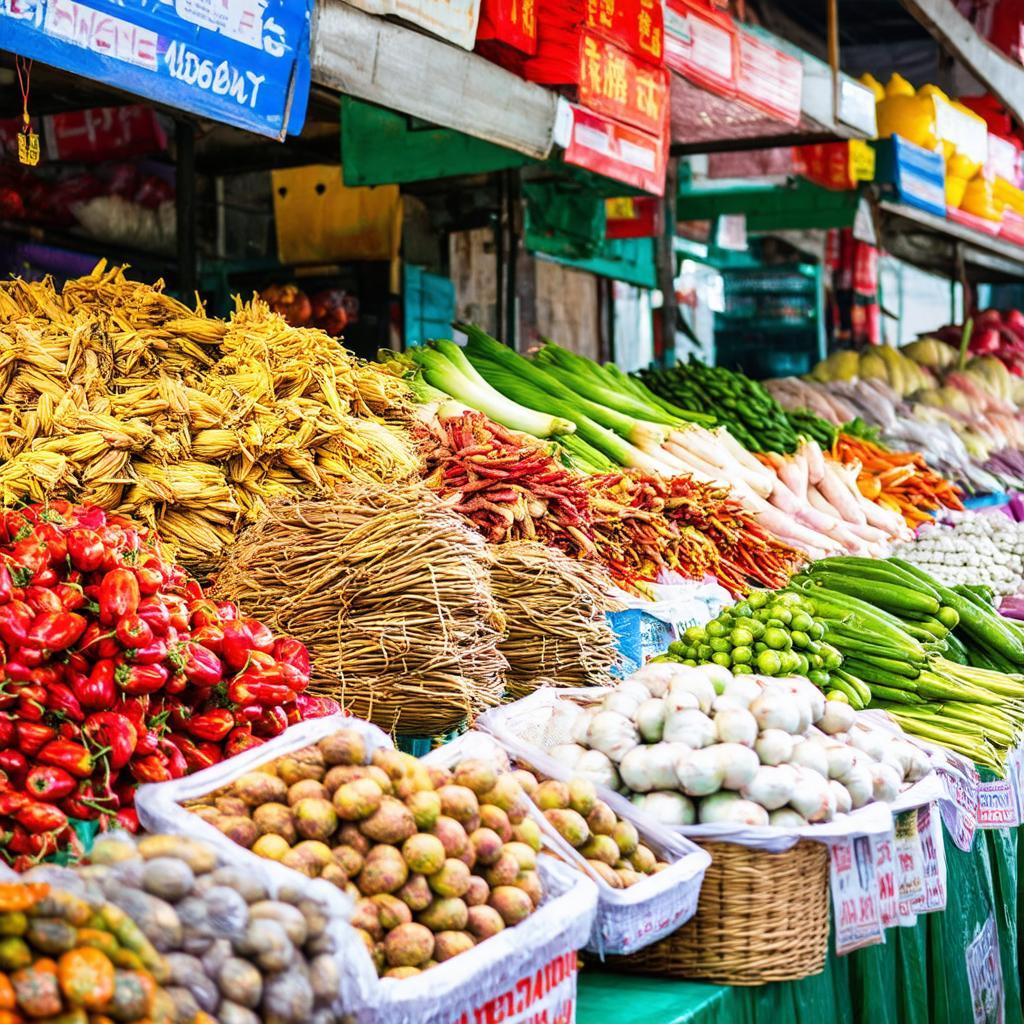 Trưng bày đa dạng các loại nông sản, thực phẩm và đồ dùng tại Chợ Ba Thá.