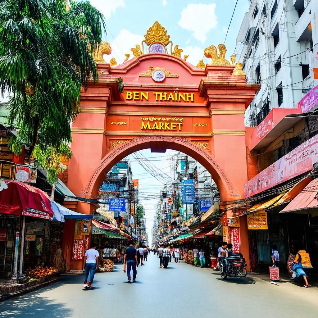 Cổng chính Chợ Bến Thành, một địa điểm du lịch nổi tiếng gần Blue River 2 Hotel 54/13 Đề Thám