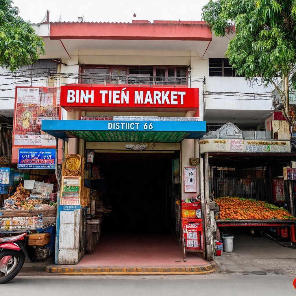 Khung cảnh bên ngoài hoặc lối vào chính của Chợ Bình Tiên mang đậm nét cổ kính, truyền thống.