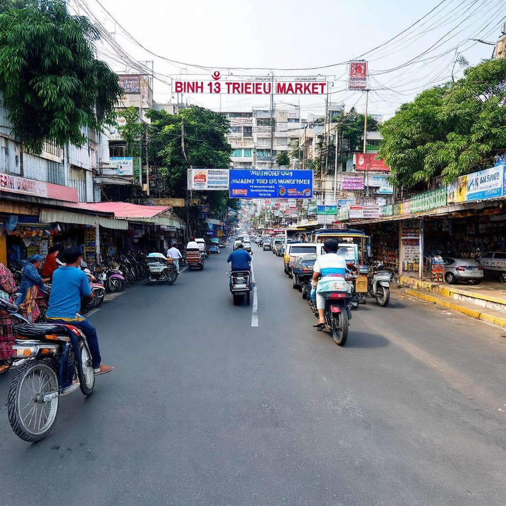 Hình ảnh Chợ Bình Triệu nhìn từ Quốc lộ 13 đông đúc, thể hiện vị trí sầm uất giao thương tại TP. Thủ Đức.
